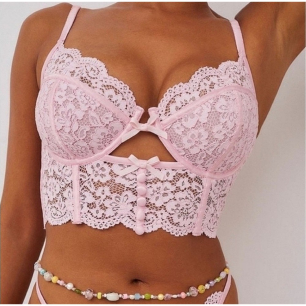NEW For Love & Lemons Victoria's Secret Pink Lace Bustier Bra 38C Longline Bows